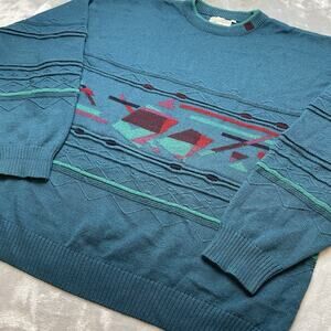 Vintage 90s Baileys Sweater Blue Mens XL Teal Blue Abstract Wool Blend Pullover